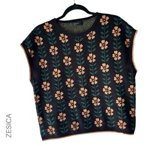 ZESICA FLORAL KNIT TOP SWEATER VEST LIKE NEW CREWNECK BLACK APRICOT GREEN LARGE